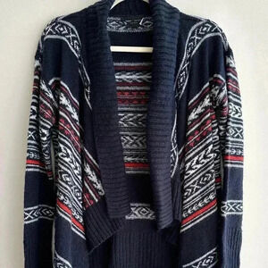 Romeo + Juliet Couture Nordic Print Sweater Cardigan, Navy Blue/White/Orange, M